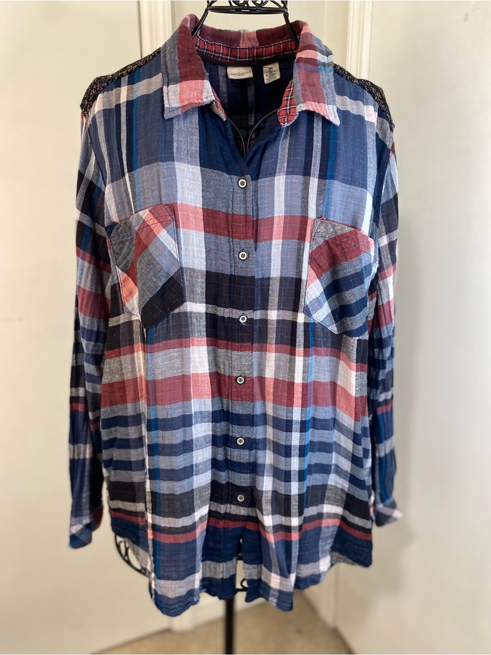 Westbound Women 2X Plaid Shirt  Casual Western Patchwork Cotton  Elbow Patch Top